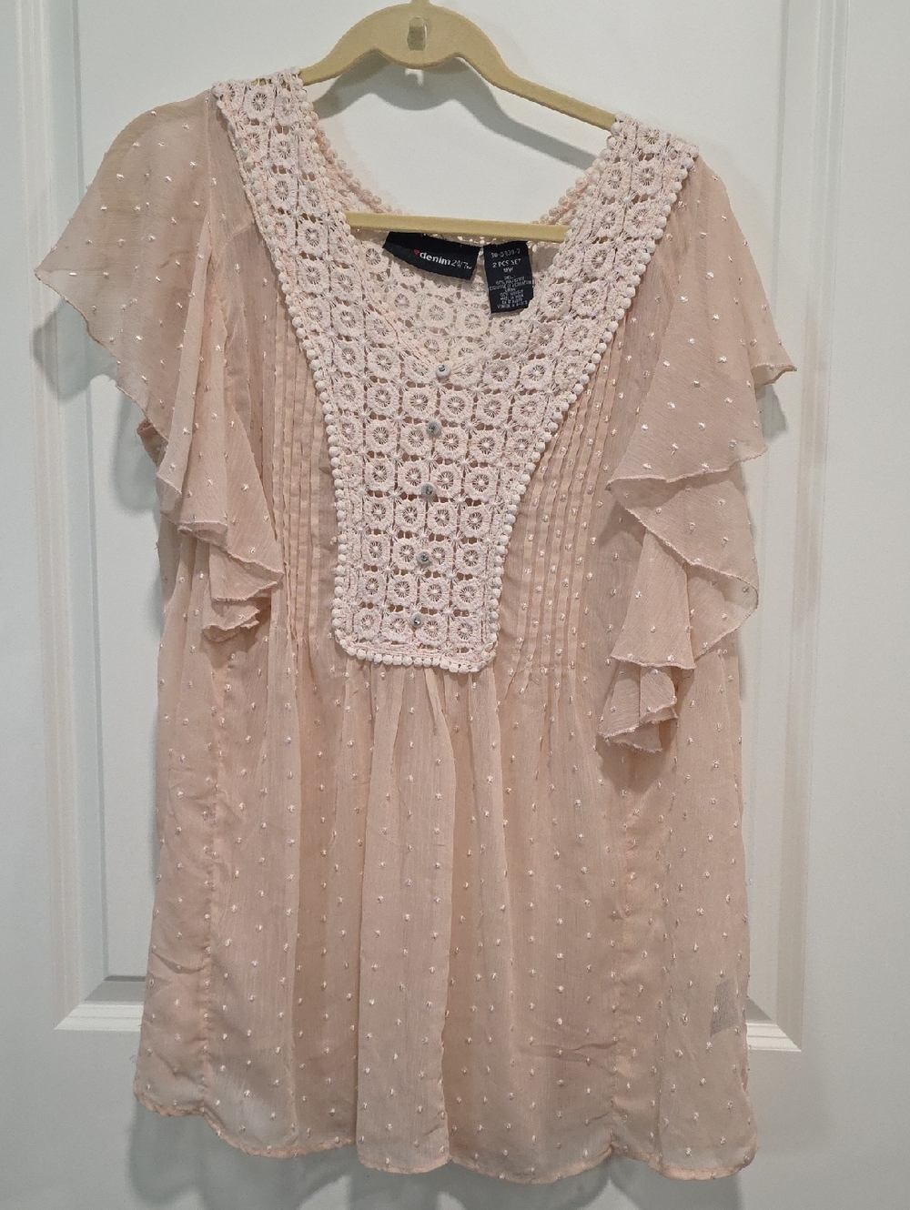 Denim 24/7 Blush Pink Crochet Yoke Flutter Sleeve Top